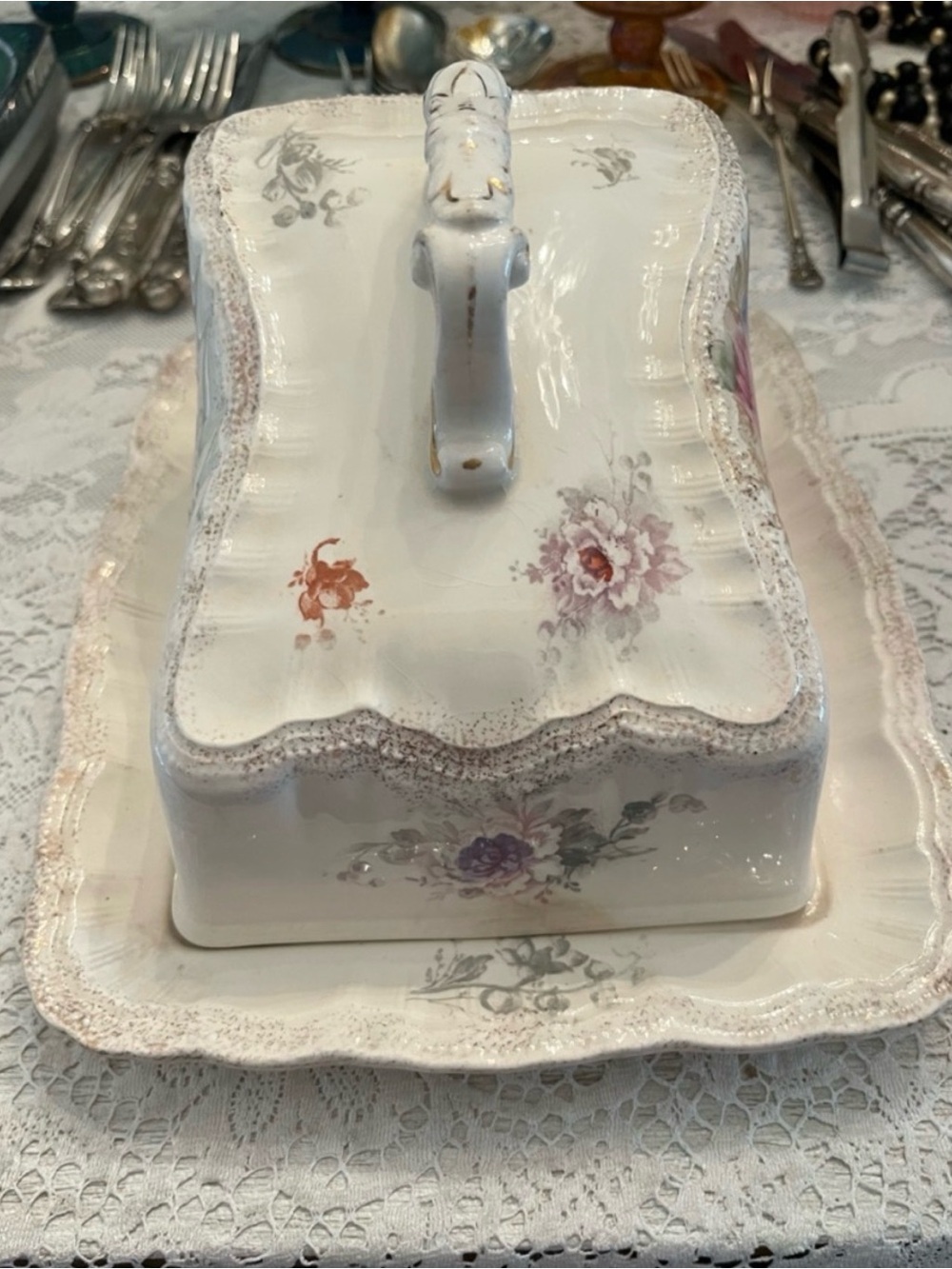 Antique Austrian Porcelain Floral Covered Dish Tray Cottagecore Decor - Picture 4 of 12